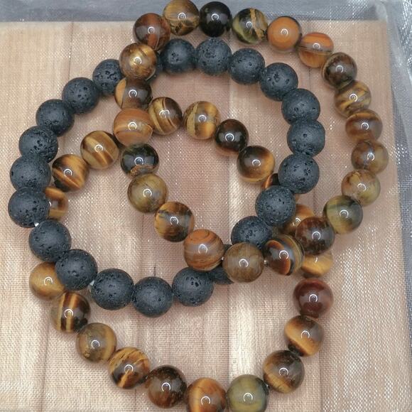 Gemstone Bracelet Tigers Eye Set of 3 Black Lava 8mm Beaded Handmade Stretch NEW - Picture 3 of 13